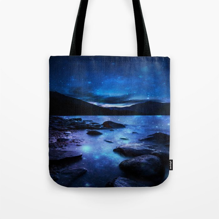 Magical Mountain Lake Dark Blue Tote Bag