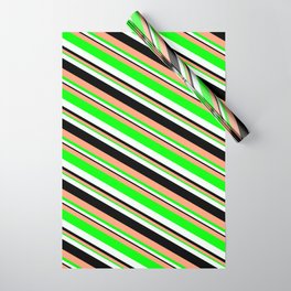 [ Thumbnail: Light Salmon, Lime, Mint Cream & Black Colored Striped/Lined Pattern Wrapping Paper ]