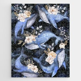 Watercolor Blue Whales with Flowers - Florals Whales Marine Jigsaw Puzzle