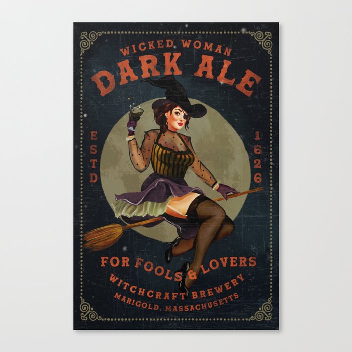 "Wicked Woman Dark Ale" Vintage Pinup Witch Halloween Art Canvas Print