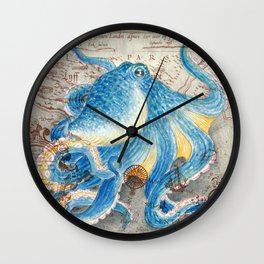 Blue octopus Vintage Map Watercolor Nautical Marine Art Wall Clock