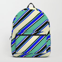 [ Thumbnail: Aquamarine, Blue, Light Yellow & Black Colored Lined Pattern Backpack ]
