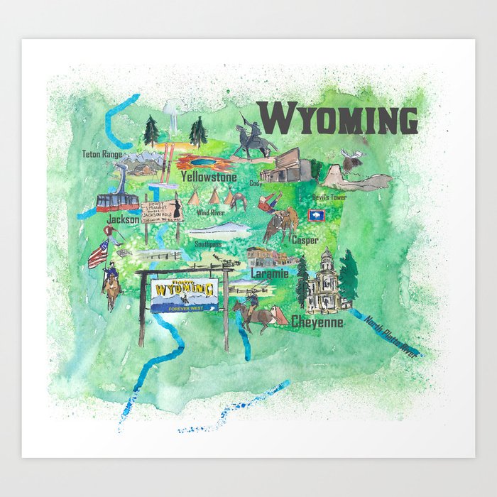 USA Wyoming State Travel Poster Illustrated Art Map Art Print