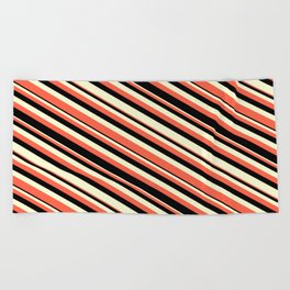 [ Thumbnail: Red, Black & Light Yellow Colored Striped Pattern Beach Towel ]