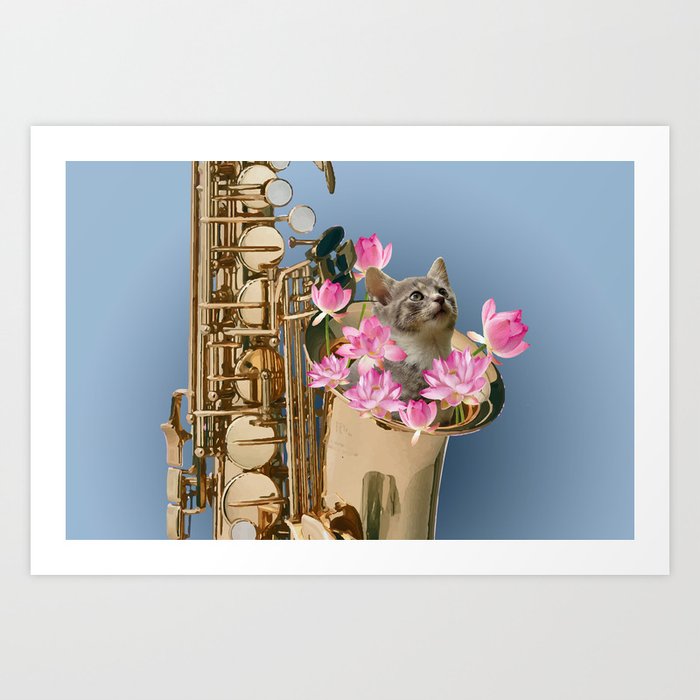 saxophone with grey cat and Lotus flower blossoms Art Print