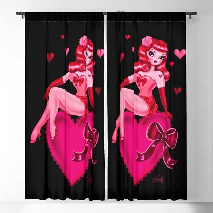 Retro Valentine Redhead Pinup Doll on a Big Heart Blackout Curtain