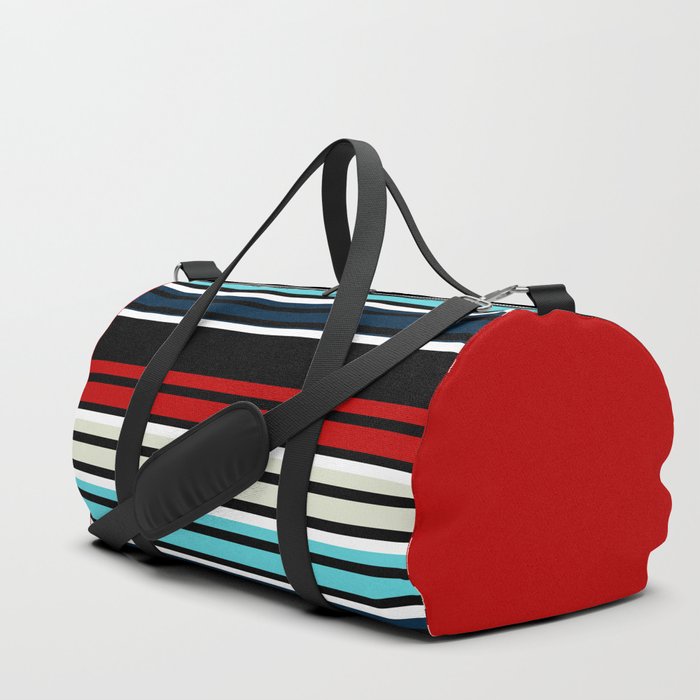 Pattern stripes . Blue , red , white , gray , black . Duffle Bag by fuzzyfox85 | Society6