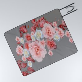 CORAL PINK, WHITE ANTIQUE GARDEN ROSES ON GREY Picnic Blanket