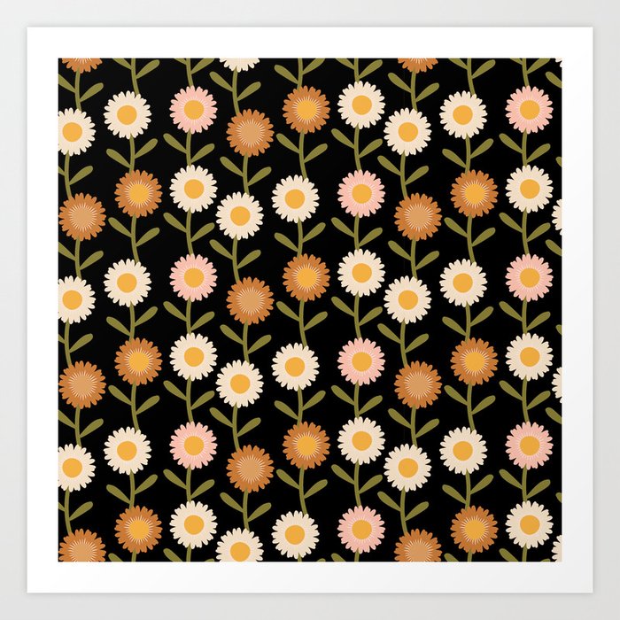 Modern Daisy Floral Pattern Black Art Print