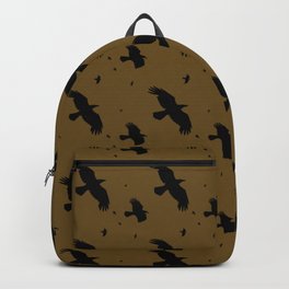 Crows or Ravens In Flight Black Silhouette Pattern On Ochre Backpack