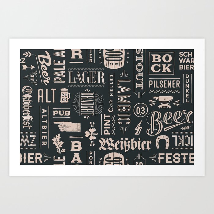 Seamless pattern with types of beer and hand drawn lettering. Vintage drawing. Vintage Illustration Art Print