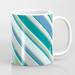 [ Thumbnail: Eye-catching Light Cyan, Light Grey, Dark Sea Green, Blue, and Teal Colored Striped Pattern Coffee Mug ]