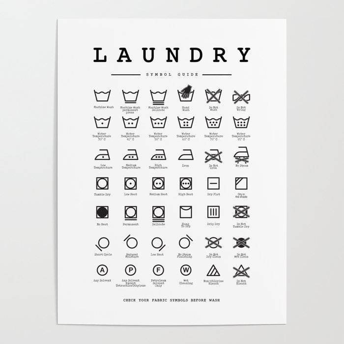 French Laundry Symbol Sign Prints Black and White Poster , Affiche