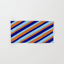 [ Thumbnail: Blue, Sky Blue, and Chocolate Colored Stripes Pattern Hand & Bath Towel ]