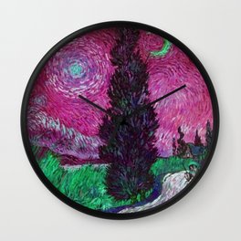 Road with Cypress and Star; Country Road in Provence by Night, oil-on-canvas post-impressionist landscape painting by Vincent van Gogh in alternate pink twilight sky Wall Clock