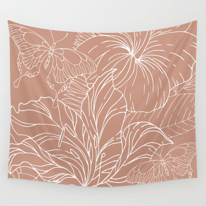 Floral, Butterfly Art, Line Drawing, Terracotta Wall Tapestry