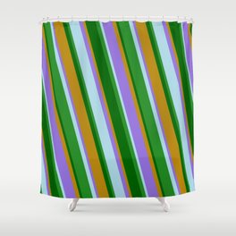 [ Thumbnail: Eye-catching Dark Goldenrod, Purple, Light Blue, Forest Green, and Dark Green Colored Lined Pattern Shower Curtain ]
