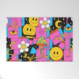 Pink Trippy Eye Blocks With White Flowers, Smileys and Mushrooms Welcome Mat