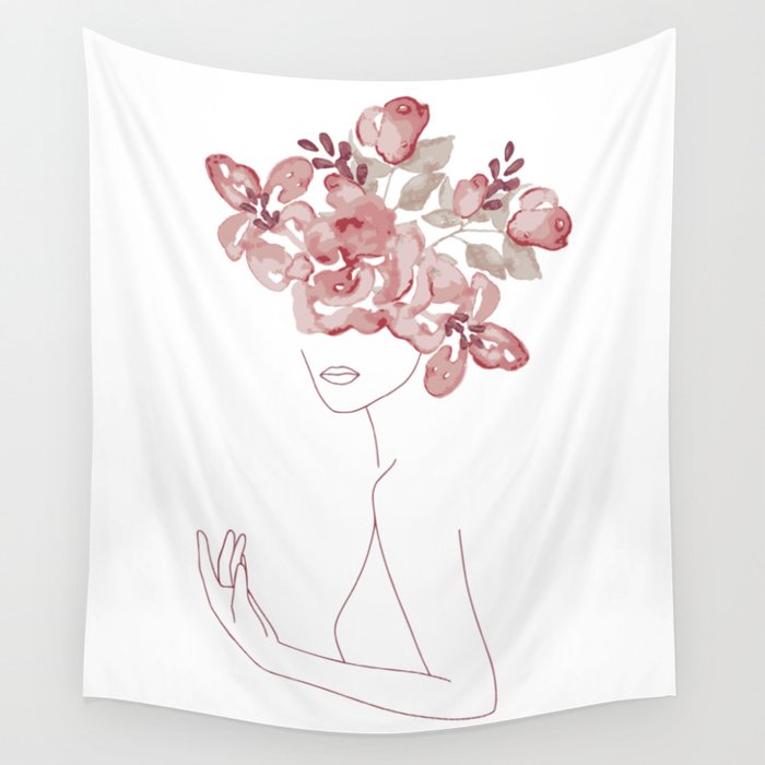 Minimal Line Art Woman With Watercolor Flowers Wreath Wall Tapestry