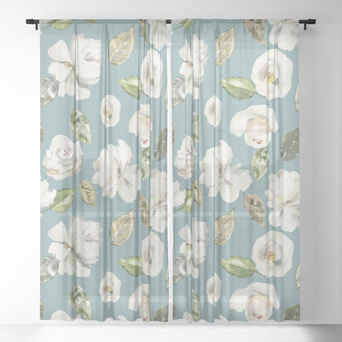 White Roses With Duck Egg Blue Sheer Curtain By Janykamitchell