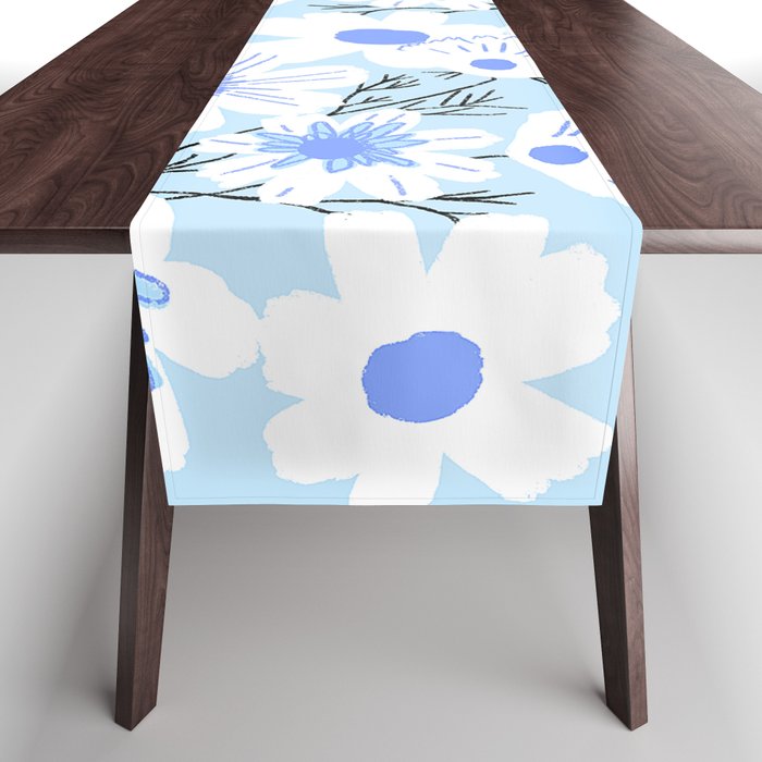 Retro Spring Wildflowers Blue Table Runner