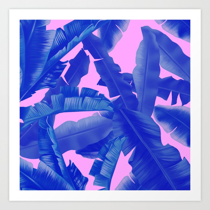 tropical banana leaves pattern,pink,blue Art Print