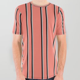 [ Thumbnail: Salmon, Grey & Black Colored Lines/Stripes Pattern All Over Graphic Tee ]