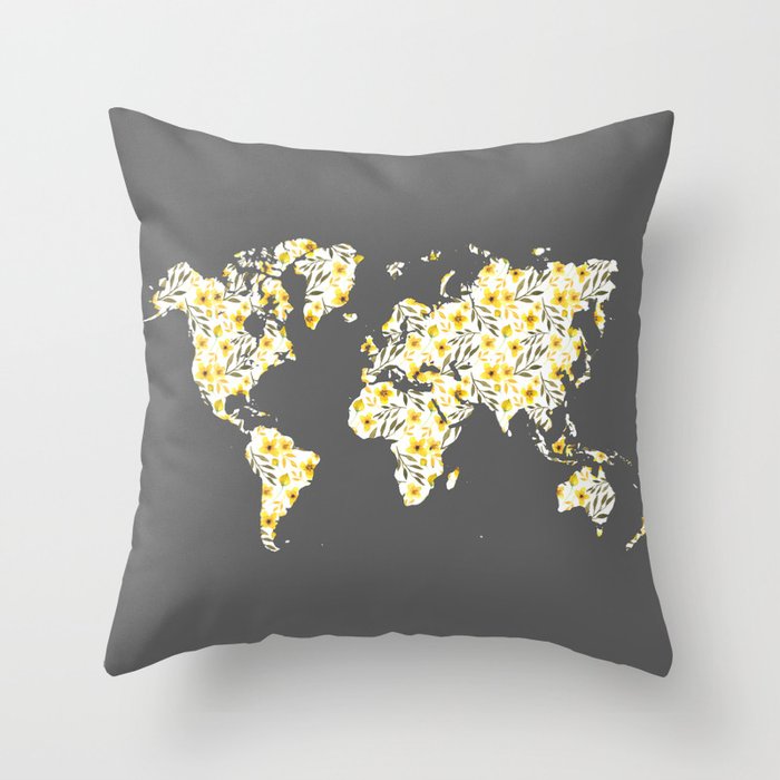 Yellow Flowers World Map Throw Pillow
