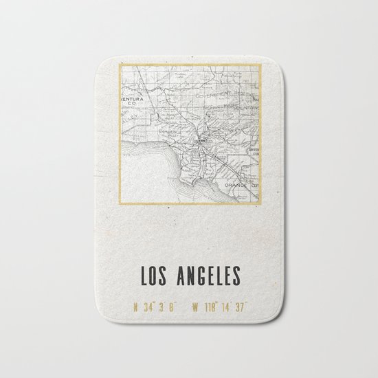 Vintage Los Angeles City Gold Foil Location Coordinates with map Bath Mat