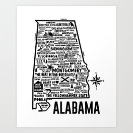 Alabama Map Art Print | Maps, Pop Art, Montgomery, Yellowhammer, Crimson, Typography, Tuscaloosa, Graphicdesign, Sweethomealabama, Black And White 
