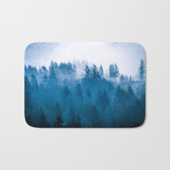 Blue Winter Day Foggy Trees Bath Mat