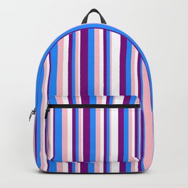 [ Thumbnail: Pink, Blue, Purple, and White Colored Stripes/Lines Pattern Backpack ]