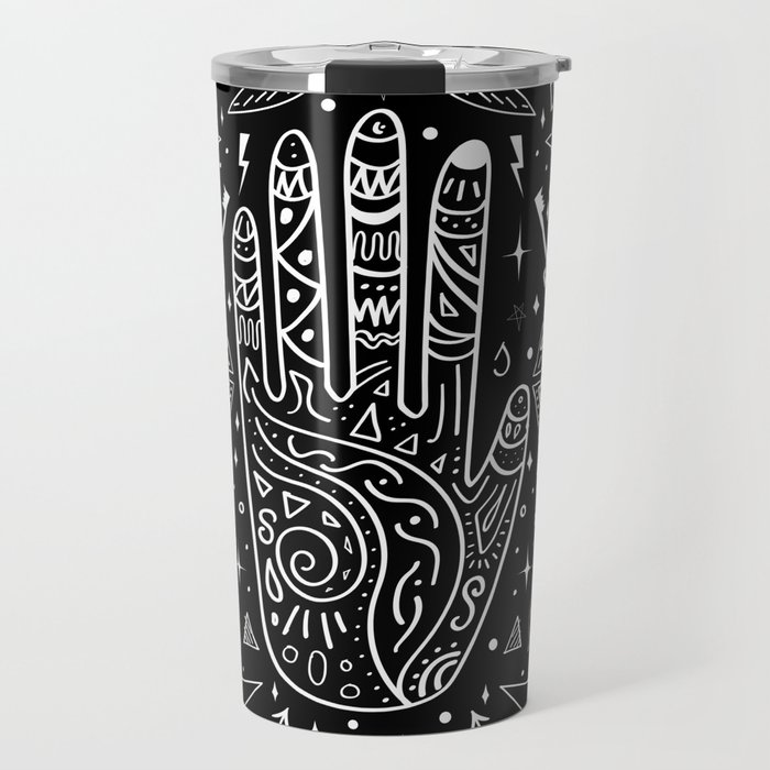 Black background occult pattern with mystical chalk signs Travel Mug
