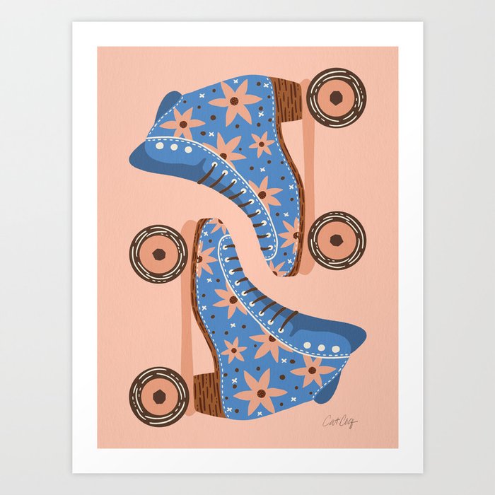 Retro Roller Skates – Blue & Peach Palette Art Print by Cat Coquillette ...