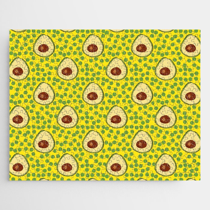 Blazing Yellow Tropical Avocado in  hand drawn Polka Dot Pattern Jigsaw Puzzle