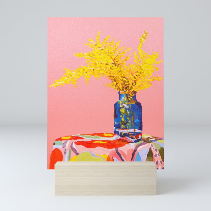 Pink Fuzzy Still Life | Golden Wattle Flower | Australian Native Flowers Mini Art Print