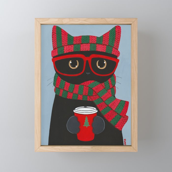 Black Cat Christmas Coffee Framed Mini Art Print