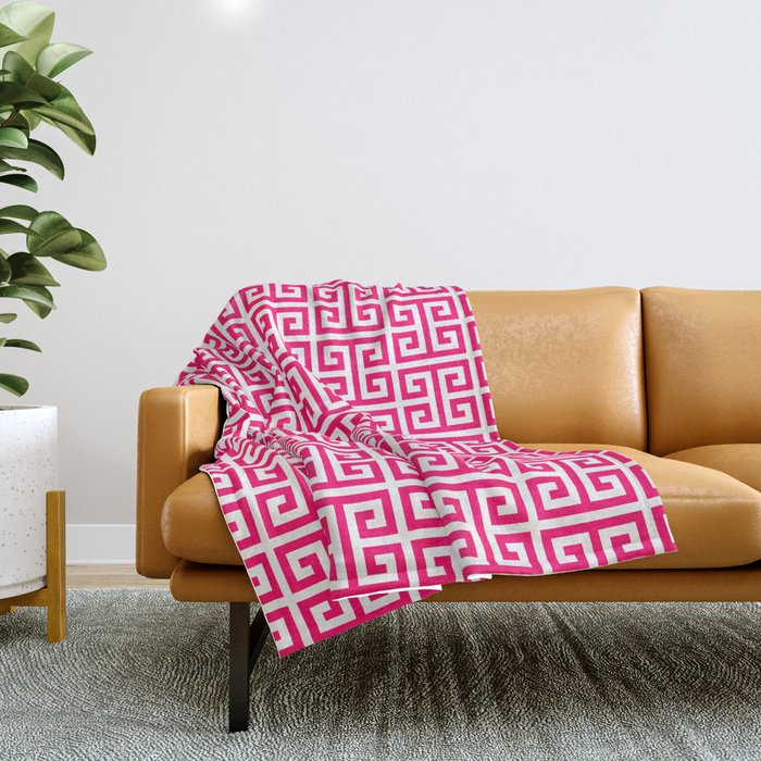 Hot Pink and White Greek Key Pattern Throw Blanket by annaleeblysse