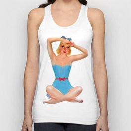 Sexy Blonde Tan Pin Up With Blue Eyes Vintage Light Blue Dress Legs Crossed Unisex Tank Top