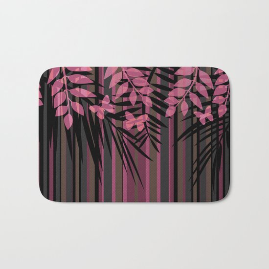 Butterflies and leaves on a striped red-and-black background . Bath Mat