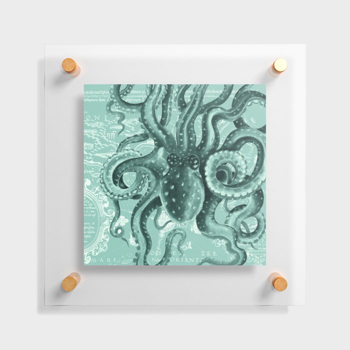 Octopus Green Monochrome Vintage Map Watercolor Nautical Floating Acrylic Print