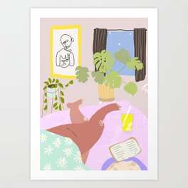 Sunday chilling Art Print | Digital, Bedroom, Woman, Plantlady, Hair, Legs, Plants, Girl, Flowers, Pattern 