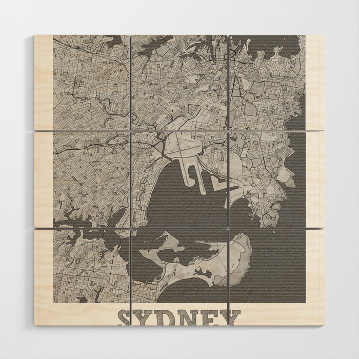 Sydney city map sketch Wood Wall Art