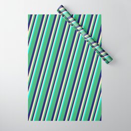 [ Thumbnail: Sea Green, Midnight Blue, Beige & Cyan Colored Lines Pattern Wrapping Paper ]