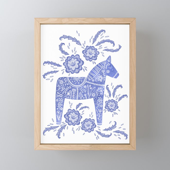 Swedish Dala Horse Blue Framed Mini Art Print