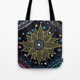 Pretty Gold Sun Mandala Doodles, Magical Galaxy & Cute Stars  Tote Bag