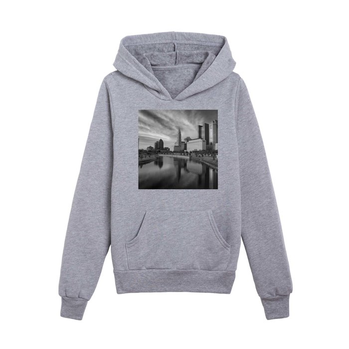 Downtown Columbus Ohio skyline in black and white Kids Pullover Hoodie