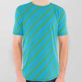 [ Thumbnail: Deep Sky Blue & Sea Green Colored Stripes Pattern All Over Graphic Tee ]