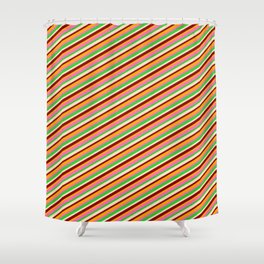 [ Thumbnail: Vibrant Hot Pink, Lime Green, Bisque, Dark Red & Orange Colored Lined Pattern Shower Curtain ]