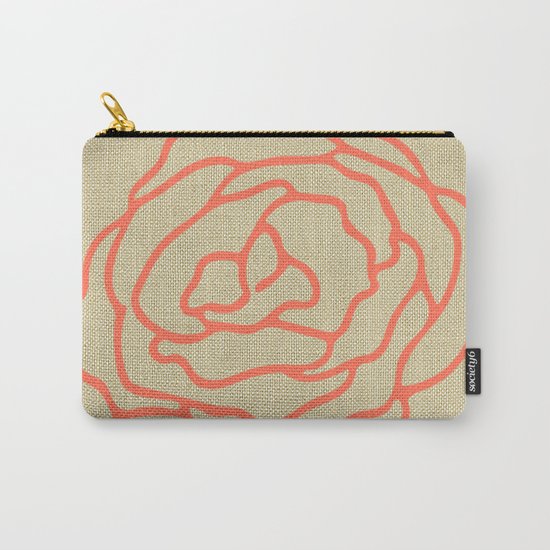 Rose in Deep Coral on Linen Carry-All Pouch